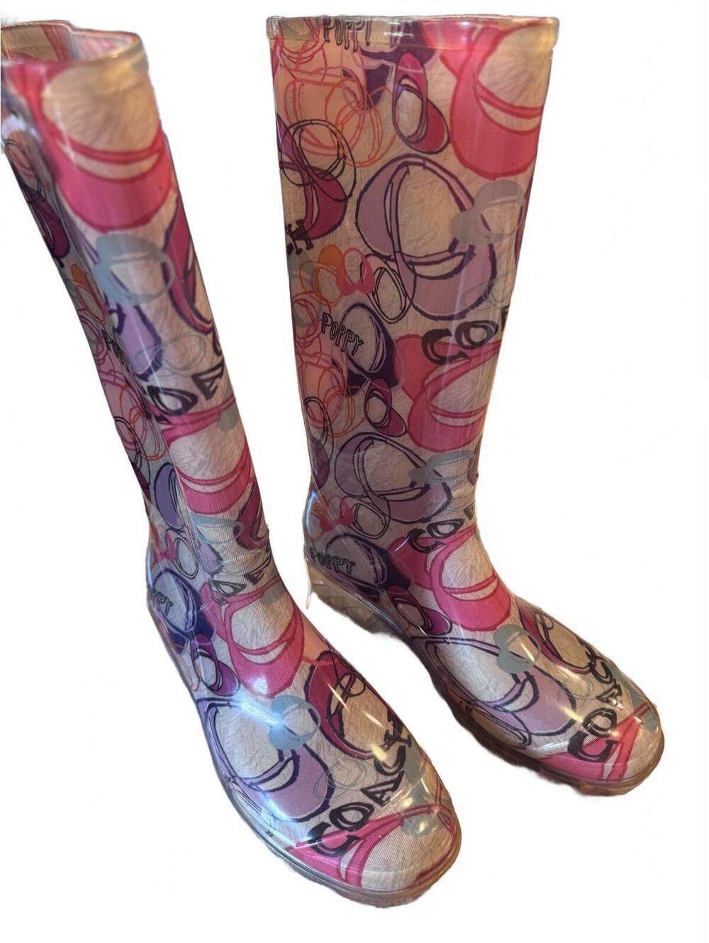 Coach Poppy Women’s Rain Boots Pink Purple Graphic Logo Rubber Wellies Size 7